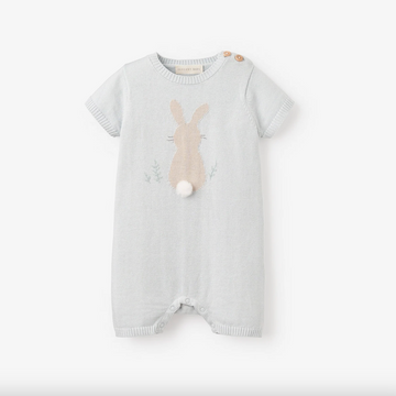 Elegant Baby Pale Blue Bunny Knit Shortall Romper